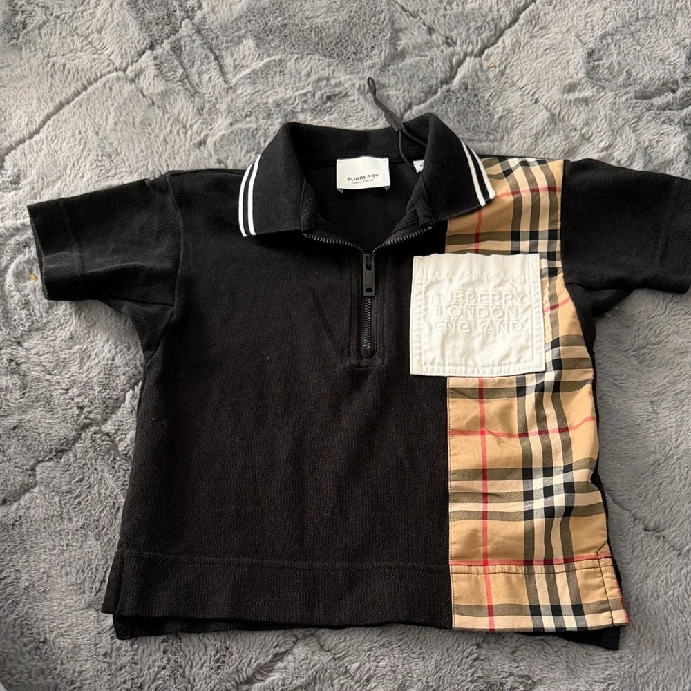 Burberry Black Polo with Beige Check Panel - Picture 1 of 2